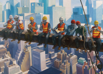 Ένα πίνακας που απεικονίζει τη γνωστή φωτογραφία με τους εργάτες που κάνουν διάλλειμα πάνω στη σιδερένια δοκό (Μανχάταν 1932), αλλά εδώ έχουν αντικατασταθεί απο ρομπότ.