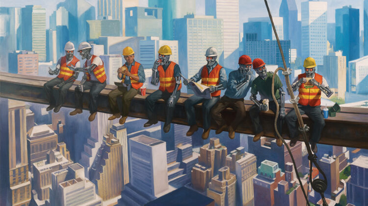 Ένα πίνακας που απεικονίζει τη γνωστή φωτογραφία με τους εργάτες που κάνουν διάλλειμα πάνω στη σιδερένια δοκό (Μανχάταν 1932), αλλά εδώ έχουν αντικατασταθεί απο ρομπότ.