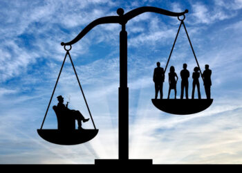 Σκίτσο με ένα ζυγό που γέρνει προς την μεριά των πλουσίων και λίγων ΄και όχι των φτωχών και πολλών.